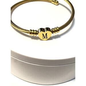 Gold Plated Heart Initial M Expandable Stainless Steel Cuff Bracelet